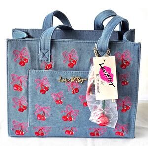 Viral Betsey Johnson Luv Betsey Blue Denim Red Cherry Tote Handbag Shoulder Bag
